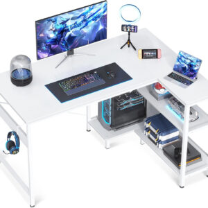 ODK 40 Inch Small L Shaped Computer Desk, Corner Desk with Reversible Storage Shelves, Modern Simple Writing Study Table with Iron Hook, White