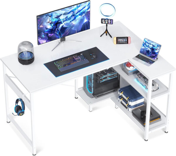ODK 40 Inch Small L Shaped Computer Desk, Corner Desk with Reversible Storage Shelves, Modern Simple Writing Study Table with Iron Hook, White