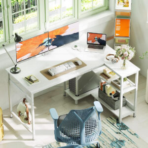 ODK 40 Inch Small L Shaped Computer Desk, Corner Desk with Reversible Storage Shelves, Modern Simple Writing Study Table with Iron Hook, White