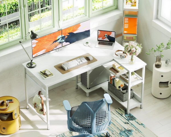 ODK 40 Inch Small L Shaped Computer Desk, Corner Desk with Reversible Storage Shelves, Modern Simple Writing Study Table with Iron Hook, White