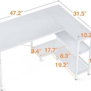 ODK 40 Inch Small L Shaped Computer Desk, Corner Desk with Reversible Storage Shelves, Modern Simple Writing Study Table with Iron Hook, White