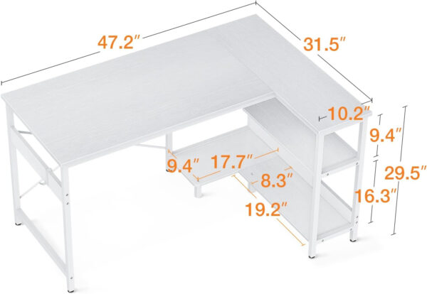 ODK 40 Inch Small L Shaped Computer Desk, Corner Desk with Reversible Storage Shelves, Modern Simple Writing Study Table with Iron Hook, White
