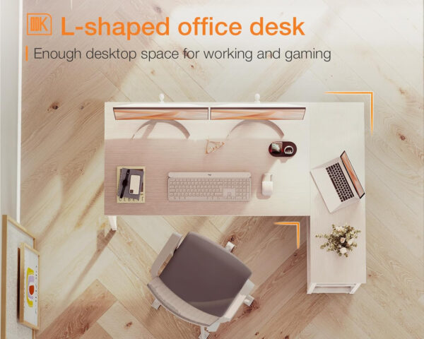 ODK 40 Inch Small L Shaped Computer Desk, Corner Desk with Reversible Storage Shelves, Modern Simple Writing Study Table with Iron Hook, White