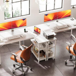 ODK 40 Inch Small L Shaped Computer Desk, Corner Desk with Reversible Storage Shelves, Modern Simple Writing Study Table with Iron Hook, White