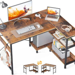 ODK 40 Inch Small L Shaped Computer Desk, Corner Desk with Reversible Storage Shelves, Modern Simple Writing Study Table with Iron Hook, White