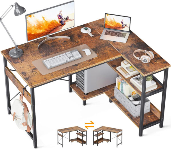 ODK 40 Inch Small L Shaped Computer Desk, Corner Desk with Reversible Storage Shelves, Modern Simple Writing Study Table with Iron Hook, White