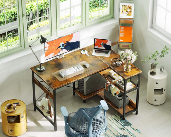 ODK 40 Inch Small L Shaped Computer Desk, Corner Desk with Reversible Storage Shelves, Modern Simple Writing Study Table with Iron Hook, White