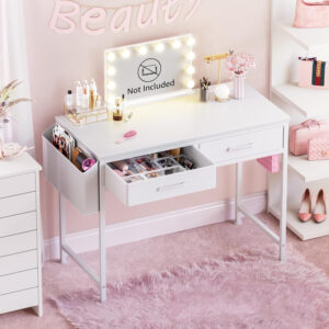 DLisiting Small Desk with Fabric Drawers for Bedroom, 32 Inch Gaming Desk with 2 Drawers for Small Space, Study Writing Table PC Desks, Black