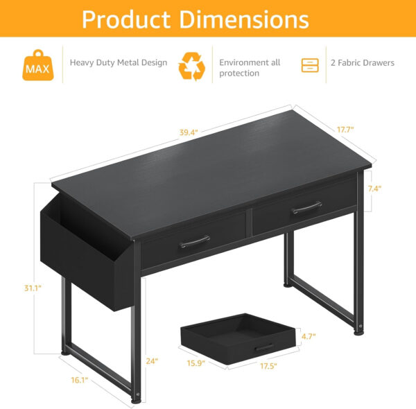 DLisiting Small Desk with Fabric Drawers for Bedroom, 32 Inch Gaming Desk with 2 Drawers for Small Space, Study Writing Table PC Desks, Black