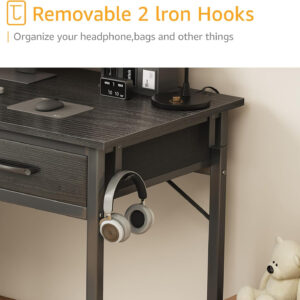 DLisiting Small Desk with Fabric Drawers for Bedroom, 32 Inch Gaming Desk with 2 Drawers for Small Space, Study Writing Table PC Desks, Black