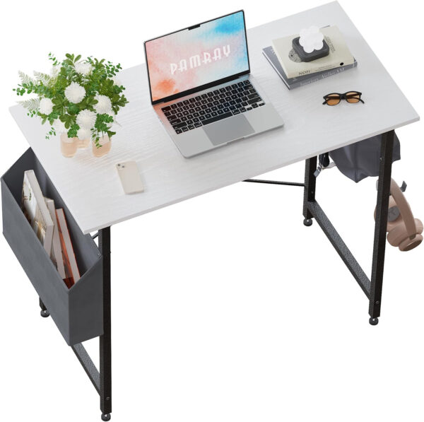 Pamray 32 Inch Computer Desk for Small Spaces with Storage Bag, Home Office Work Desk with Headphone Hook, Small Office Desk Study Writing Table