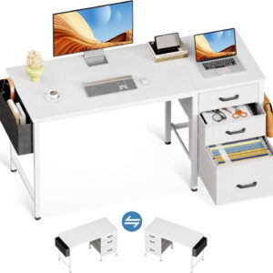 Casaottima 40" Small Computer Home Office Desk for Bedroom with Fabric Drawers & File Cabinet, Cloth Storage Bag and Hook, Writing Study Work Table for Small Space, White