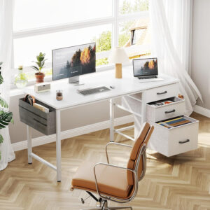 Casaottima 40" Small Computer Home Office Desk for Bedroom with Fabric Drawers & File Cabinet, Cloth Storage Bag and Hook, Writing Study Work Table for Small Space, White
