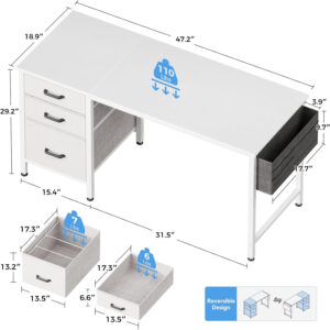 Casaottima 40" Small Computer Home Office Desk for Bedroom with Fabric Drawers & File Cabinet, Cloth Storage Bag and Hook, Writing Study Work Table for Small Space, White