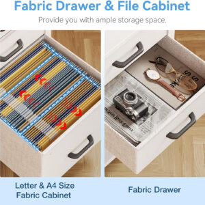 Casaottima 40" Small Computer Home Office Desk for Bedroom with Fabric Drawers & File Cabinet, Cloth Storage Bag and Hook, Writing Study Work Table for Small Space, White