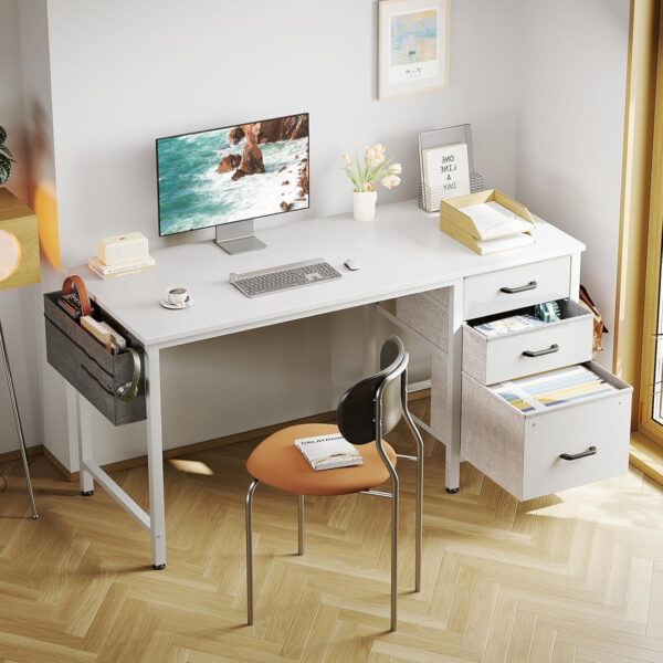 Casaottima 40" Small Computer Home Office Desk for Bedroom with Fabric Drawers & File Cabinet, Cloth Storage Bag and Hook, Writing Study Work Table for Small Space, White