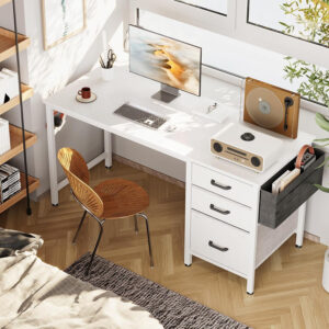 Casaottima 40" Small Computer Home Office Desk for Bedroom with Fabric Drawers & File Cabinet, Cloth Storage Bag and Hook, Writing Study Work Table for Small Space, White