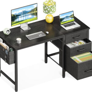 Casaottima 40" Small Computer Home Office Desk for Bedroom with Fabric Drawers & File Cabinet, Cloth Storage Bag and Hook, Writing Study Work Table for Small Space, White