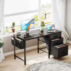 Casaottima 40" Small Computer Home Office Desk for Bedroom with Fabric Drawers & File Cabinet, Cloth Storage Bag and Hook, Writing Study Work Table for Small Space, White