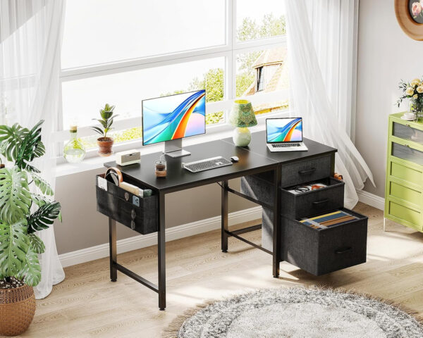 Casaottima 40" Small Computer Home Office Desk for Bedroom with Fabric Drawers & File Cabinet, Cloth Storage Bag and Hook, Writing Study Work Table for Small Space, White