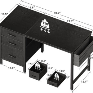 Casaottima 40" Small Computer Home Office Desk for Bedroom with Fabric Drawers & File Cabinet, Cloth Storage Bag and Hook, Writing Study Work Table for Small Space, White