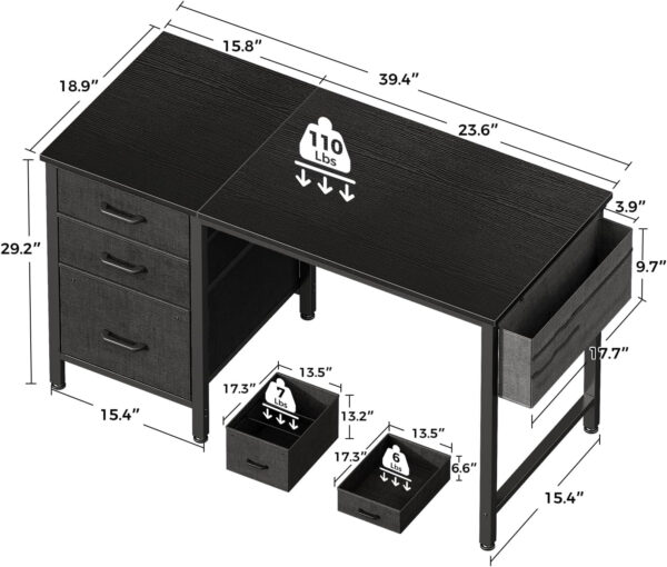 Casaottima 40" Small Computer Home Office Desk for Bedroom with Fabric Drawers & File Cabinet, Cloth Storage Bag and Hook, Writing Study Work Table for Small Space, White