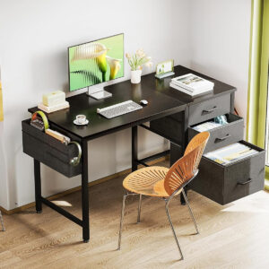 Casaottima 40" Small Computer Home Office Desk for Bedroom with Fabric Drawers & File Cabinet, Cloth Storage Bag and Hook, Writing Study Work Table for Small Space, White