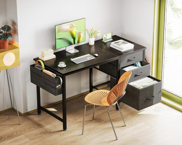 Casaottima 40" Small Computer Home Office Desk for Bedroom with Fabric Drawers & File Cabinet, Cloth Storage Bag and Hook, Writing Study Work Table for Small Space, White