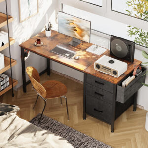 Casaottima 40" Small Computer Home Office Desk for Bedroom with Fabric Drawers & File Cabinet, Cloth Storage Bag and Hook, Writing Study Work Table for Small Space, White