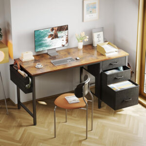 Casaottima 40" Small Computer Home Office Desk for Bedroom with Fabric Drawers & File Cabinet, Cloth Storage Bag and Hook, Writing Study Work Table for Small Space, White