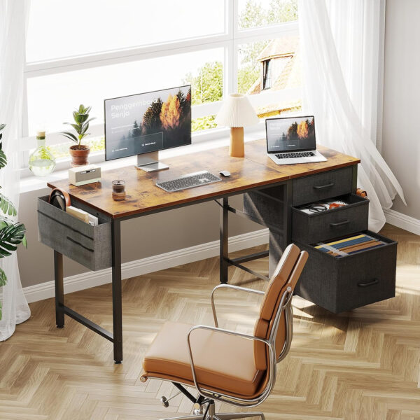 Casaottima 40" Small Computer Home Office Desk for Bedroom with Fabric Drawers & File Cabinet, Cloth Storage Bag and Hook, Writing Study Work Table for Small Space, White