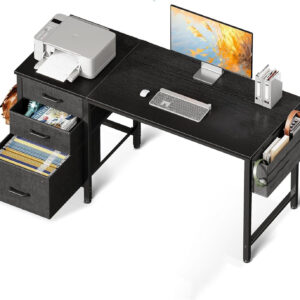 Casaottima 40" Small Computer Home Office Desk for Bedroom with Fabric Drawers & File Cabinet, Cloth Storage Bag and Hook, Writing Study Work Table for Small Space, White