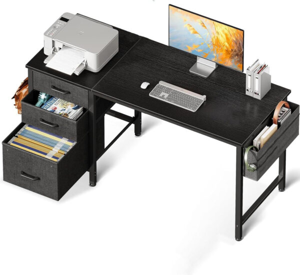 Casaottima 40" Small Computer Home Office Desk for Bedroom with Fabric Drawers & File Cabinet, Cloth Storage Bag and Hook, Writing Study Work Table for Small Space, White