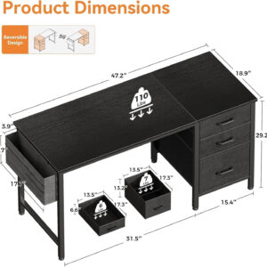 Casaottima 40" Small Computer Home Office Desk for Bedroom with Fabric Drawers & File Cabinet, Cloth Storage Bag and Hook, Writing Study Work Table for Small Space, White