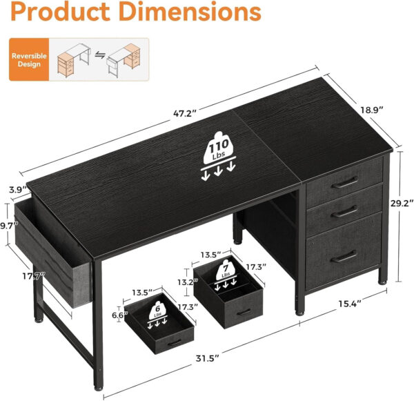 Casaottima 40" Small Computer Home Office Desk for Bedroom with Fabric Drawers & File Cabinet, Cloth Storage Bag and Hook, Writing Study Work Table for Small Space, White