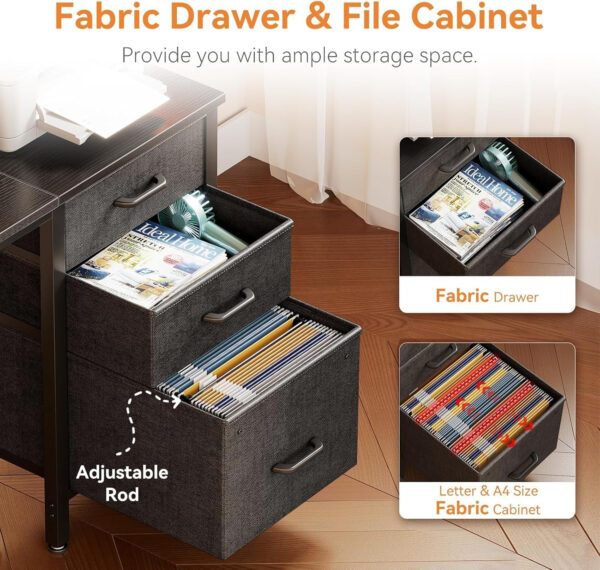 Casaottima 40" Small Computer Home Office Desk for Bedroom with Fabric Drawers & File Cabinet, Cloth Storage Bag and Hook, Writing Study Work Table for Small Space, White