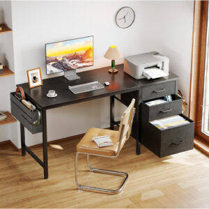 Casaottima 40" Small Computer Home Office Desk for Bedroom with Fabric Drawers & File Cabinet, Cloth Storage Bag and Hook, Writing Study Work Table for Small Space, White