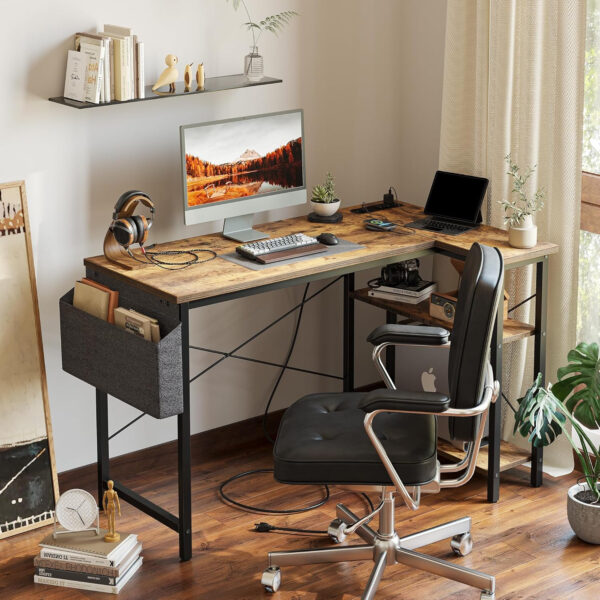TIQLAB Small Computer Desk with Power Outlets, 40 Inch L Shaped Desk with Reversible Shelves, Gaming Desk Corner Desk Study Writing Table for Home Office Bedroom Living Room, Black