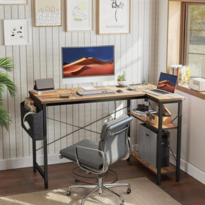 TIQLAB Small Computer Desk with Power Outlets, 40 Inch L Shaped Desk with Reversible Shelves, Gaming Desk Corner Desk Study Writing Table for Home Office Bedroom Living Room, Black