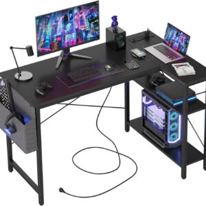 TIQLAB Small Computer Desk with Power Outlets, 40 Inch L Shaped Desk with Reversible Shelves, Gaming Desk Corner Desk Study Writing Table for Home Office Bedroom Living Room, Black