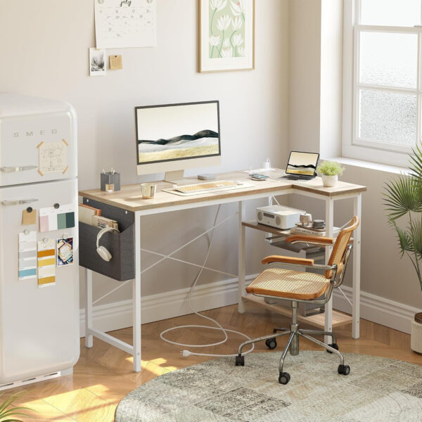 TIQLAB Small Computer Desk with Power Outlets, 40 Inch L Shaped Desk with Reversible Shelves, Gaming Desk Corner Desk Study Writing Table for Home Office Bedroom Living Room, Black