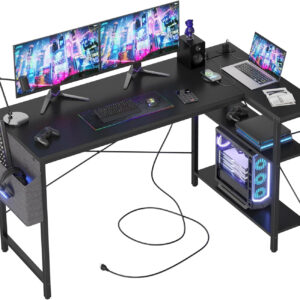 TIQLAB Small Computer Desk with Power Outlets, 40 Inch L Shaped Desk with Reversible Shelves, Gaming Desk Corner Desk Study Writing Table for Home Office Bedroom Living Room, Black