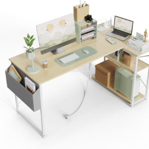 TIQLAB Small Computer Desk with Power Outlets, 40 Inch L Shaped Desk with Reversible Shelves, Gaming Desk Corner Desk Study Writing Table for Home Office Bedroom Living Room, Black