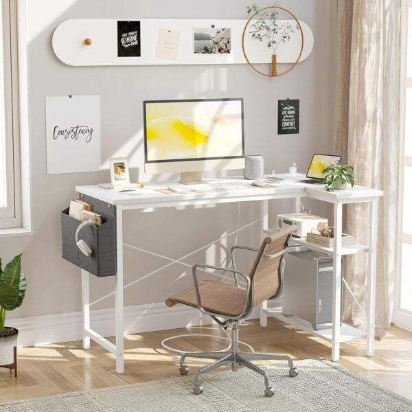 TIQLAB Small Computer Desk with Power Outlets, 40 Inch L Shaped Desk with Reversible Shelves, Gaming Desk Corner Desk Study Writing Table for Home Office Bedroom Living Room, Black