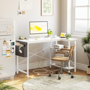 TIQLAB Small Computer Desk with Power Outlets, 40 Inch L Shaped Desk with Reversible Shelves, Gaming Desk Corner Desk Study Writing Table for Home Office Bedroom Living Room, Black