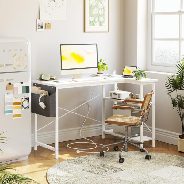 TIQLAB Small Computer Desk with Power Outlets, 40 Inch L Shaped Desk with Reversible Shelves, Gaming Desk Corner Desk Study Writing Table for Home Office Bedroom Living Room, Black