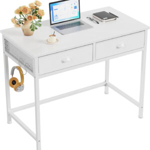 Furologee White Small Computer Desk with 2 Fabric Drawers for Bedroom,34 Inch Simple Home Office Writing Desk, Vanity Desk with Hooks, Study Table for Adults Student Small Spaces