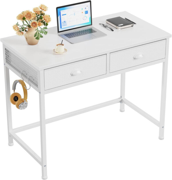 Furologee White Small Computer Desk with 2 Fabric Drawers for Bedroom,34 Inch Simple Home Office Writing Desk, Vanity Desk with Hooks, Study Table for Adults Student Small Spaces
