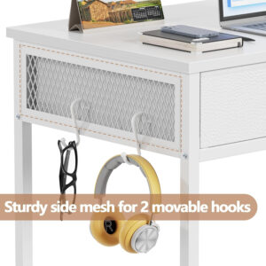 Furologee White Small Computer Desk with 2 Fabric Drawers for Bedroom,34 Inch Simple Home Office Writing Desk, Vanity Desk with Hooks, Study Table for Adults Student Small Spaces