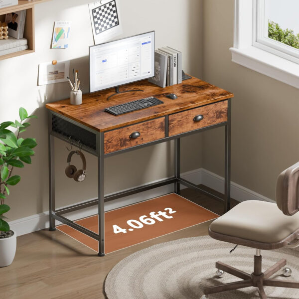 Furologee White Small Computer Desk with 2 Fabric Drawers for Bedroom,34 Inch Simple Home Office Writing Desk, Vanity Desk with Hooks, Study Table for Adults Student Small Spaces